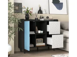 Aparador con 2 cajones, 2 estantes abiertos y puertas azules, moderno mueble de almacenaje en MDF negro y azul (90x40x80 cm)