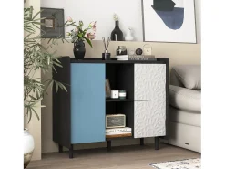 Aparador con 2 cajones, 2 estantes abiertos y puertas azules, moderno mueble de almacenaje en MDF negro y azul (90x40x80 cm)