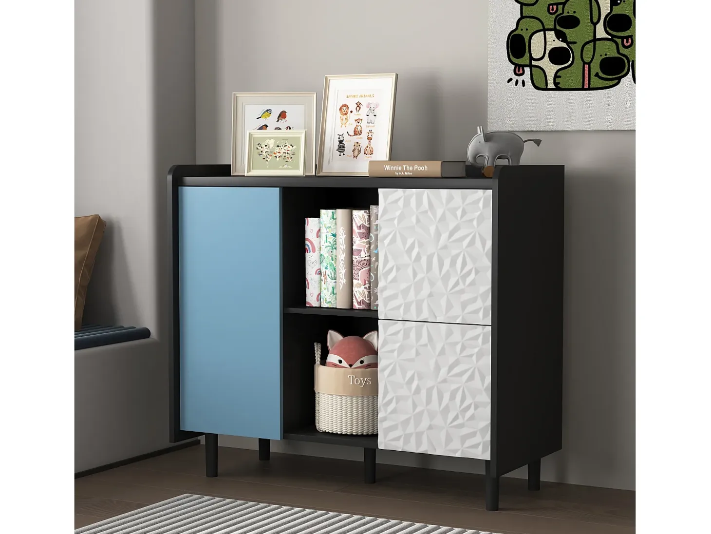 Aparador con 2 cajones, 2 estantes abiertos y puertas azules, moderno mueble de almacenaje en MDF negro y azul (90x40x80 cm)