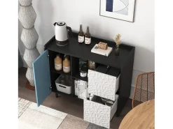 Aparador con 2 cajones, 2 estantes abiertos y puertas azules, moderno mueble de almacenaje en MDF negro y azul (90x40x80 cm)