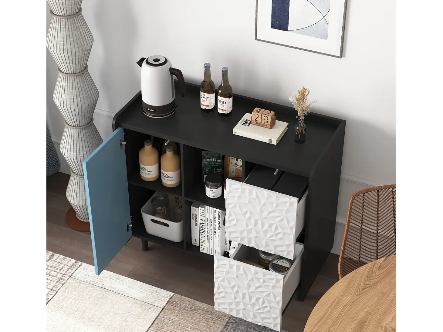 Aparador con 2 cajones, 2 estantes abiertos y puertas azules, moderno mueble de almacenaje en MDF negro y azul (90x40x80 cm)