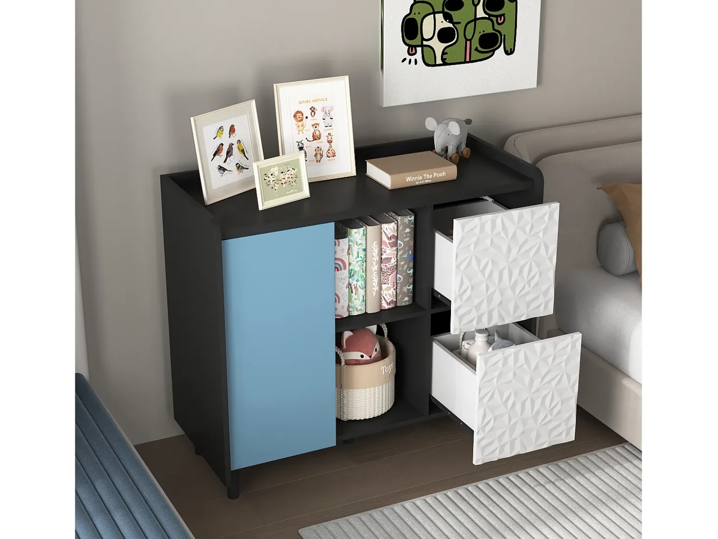 Aparador con 2 cajones, 2 estantes abiertos y puertas azules, moderno mueble de almacenaje en MDF negro y azul (90x40x80 cm)