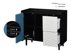 Aparador con 2 cajones, 2 estantes abiertos y puertas azules, moderno mueble de almacenaje en MDF negro y azul (90x40x80 cm)