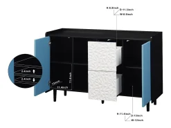 Aparador con 2 cajones, 2 estantes abiertos y puertas azules, moderno mueble de almacenaje en MDF negro y azul (120x40x80 cm)