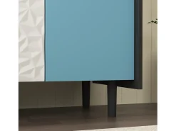 Aparador con 2 cajones, 2 estantes abiertos y puertas azules, moderno mueble de almacenaje en MDF negro y azul (120x40x80 cm)