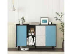Aparador con 2 cajones, 2 estantes abiertos y puertas azules, moderno mueble de almacenaje en MDF negro y azul (120x40x80 cm)