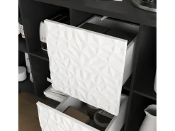 Aparador con 2 cajones, 2 estantes abiertos y puertas azules, moderno mueble de almacenaje en MDF negro y azul (120x40x80 cm)