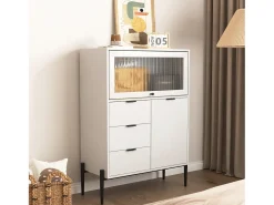 Aparador con 3 cajones, 1 puerta y 1 puerta de cristal, mueble de almacenaje de madera para cocina, comedor, recibidor, color blanco (85x40x120 cm)