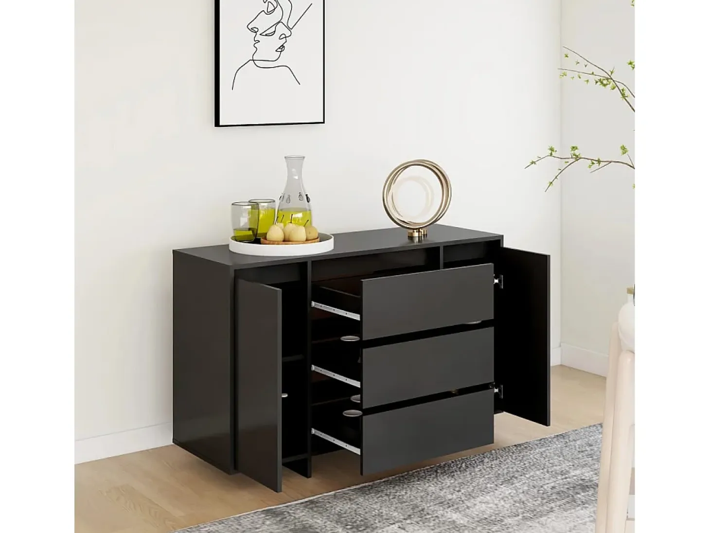 Aparador con 3 cajones madera contrachapada negro 120x41x75 cm ES83944