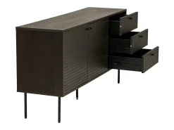 Aparador con 3 cajones y 2 puertas, chapa de roble ahumado, patas de metal negro, 150 x 40 x 74 cm