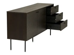 Aparador con 3 cajones y 2 puertas, chapa de roble ahumado, patas de metal negro, 150 x 40 x 74 cm