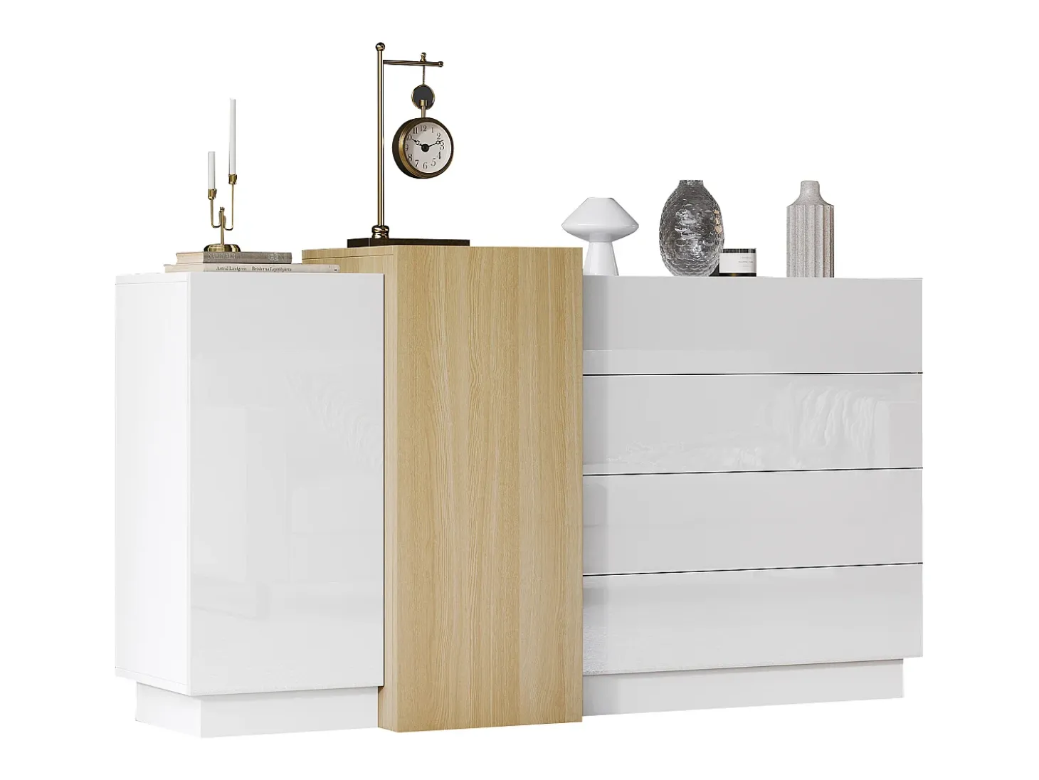 Aparador con 3 cajones y 4 puertas - 160 x 37 x 75 cm - Madera MDF - Color blanco brillo y madera