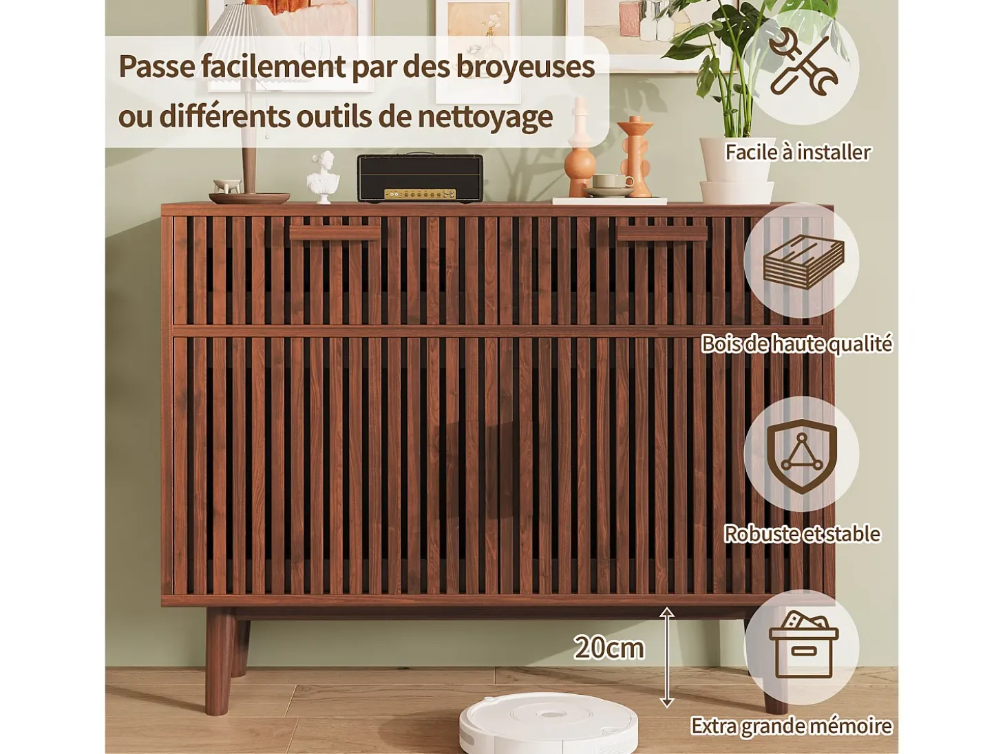 Aparador con 2 cajones y 2 puertas, mueble de cocina, madera, 100 x 35 x 80 cm