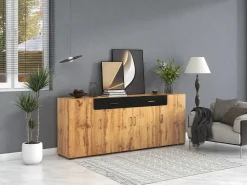 Aparador con 2 cajones y 4 puertas - 208 x 39,5 x 80 cm - imitación madera - para cocina o salón - color negro y roble