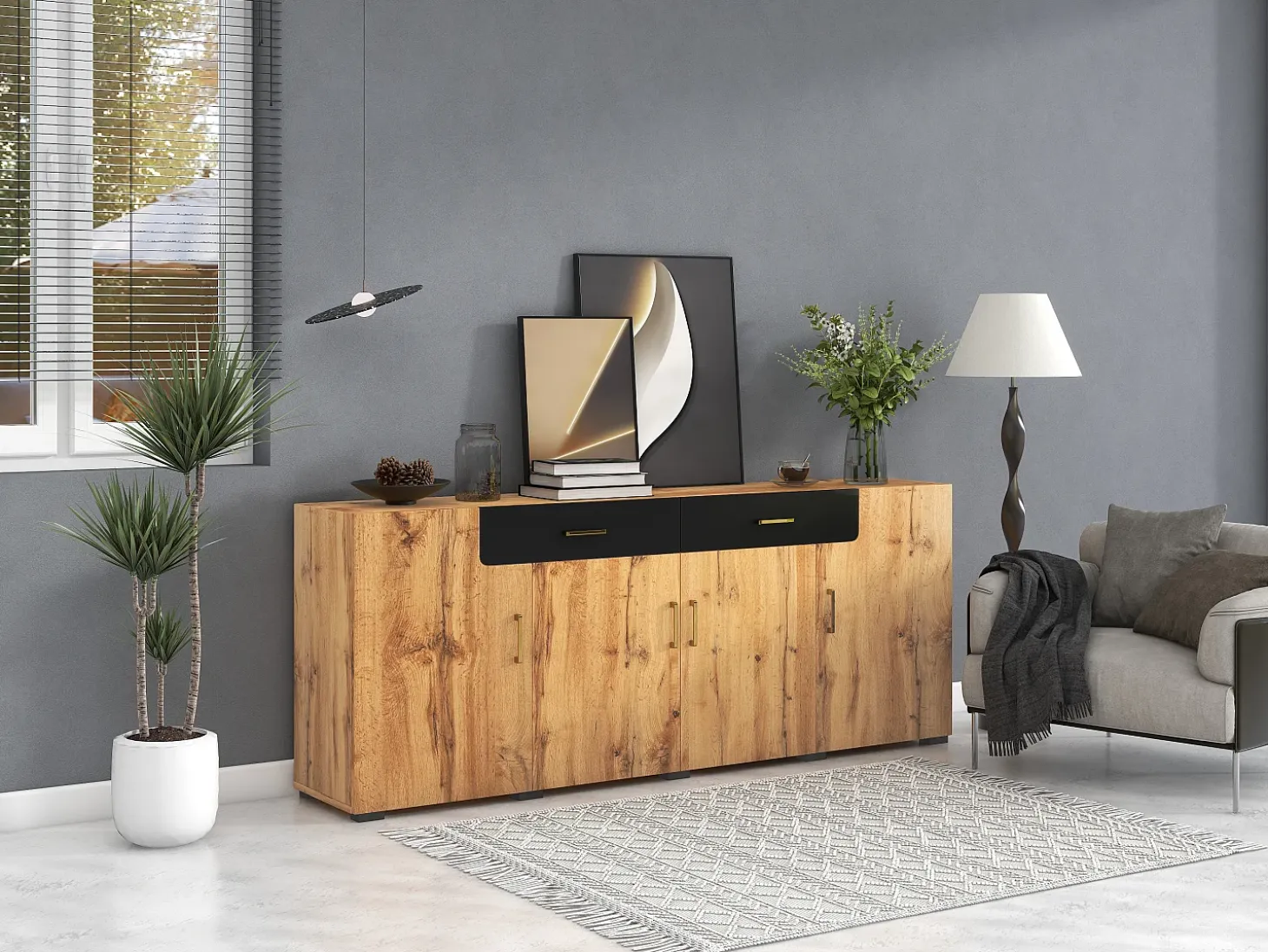 Aparador con 2 cajones y 4 puertas - 208 x 39,5 x 80 cm - imitación madera - para cocina o salón - color negro y roble