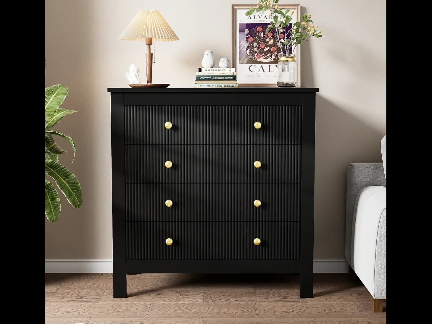 Aparador con 5 cajones y puertas especiales, diseño moderno, MDF, negro (79x39,5x80,5 cm)