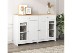 Aparador con 2 cajones y puertas de cristal - para salón y comedor - Blanco