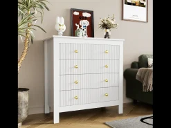 Aparador con 5 cajones y puertas especiales, con tiradores dorados, fabricado en tablero de partículas, color blanco (79x39,5x80,5 cm)