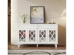 Aparador con 4 puertas con espejo, cajones y estantes regulables, MDF, blanco (140x40x83cm)