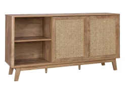 Aparador con 2 puertas correderas y estantes efecto madera y caña,