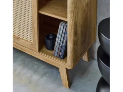 Aparador con 2 puertas correderas y estantes efecto madera y caña,