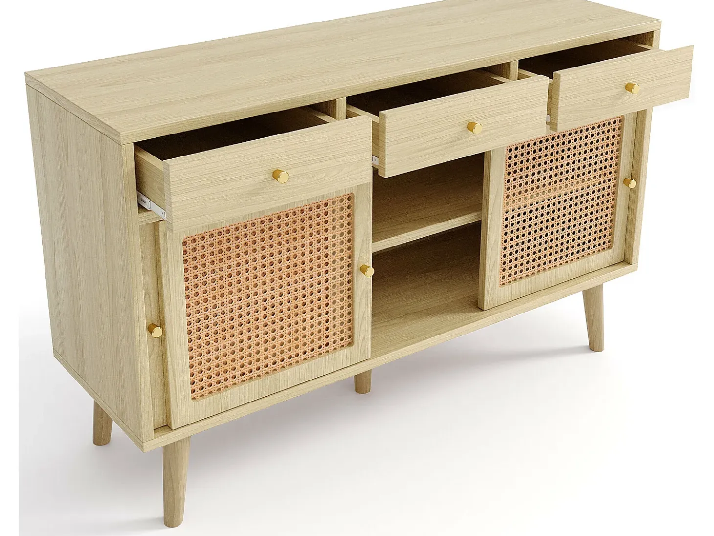 Aparador con 3 puertas correderas y 3 cajones en MDF - efecto ratán - color natural