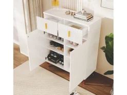 Aparador con 3 puertas correderas de ratán, 2 cajones, MDF, blanco (83x35x101 cm)