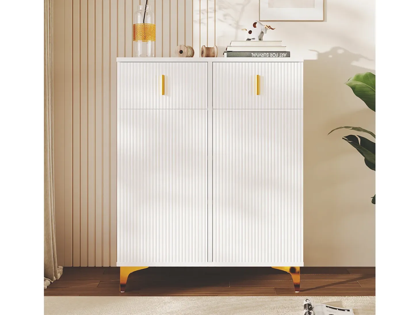 Aparador con 3 puertas correderas de ratán, 2 cajones, MDF, blanco (83x35x101 cm)
