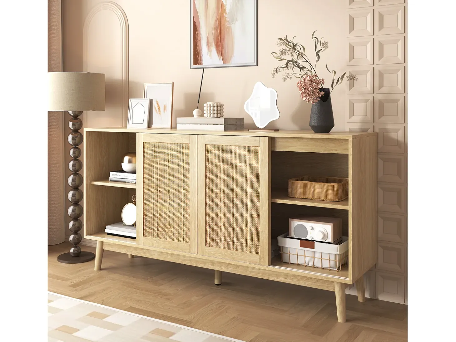 Aparador con 3 puertas correderas de ratán, 2 cajones, MDF, madera (155x38x80 cm)
