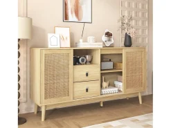 Aparador con 3 puertas correderas de ratán, 2 cajones, MDF, madera (155x38x80 cm)