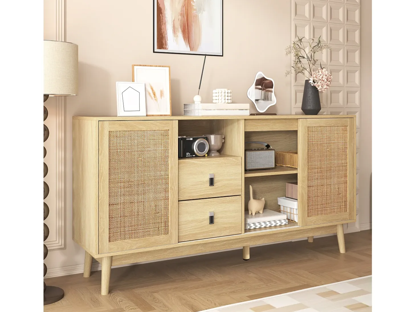 Aparador con 3 puertas correderas de ratán, 2 cajones, MDF, madera (155x38x80 cm)