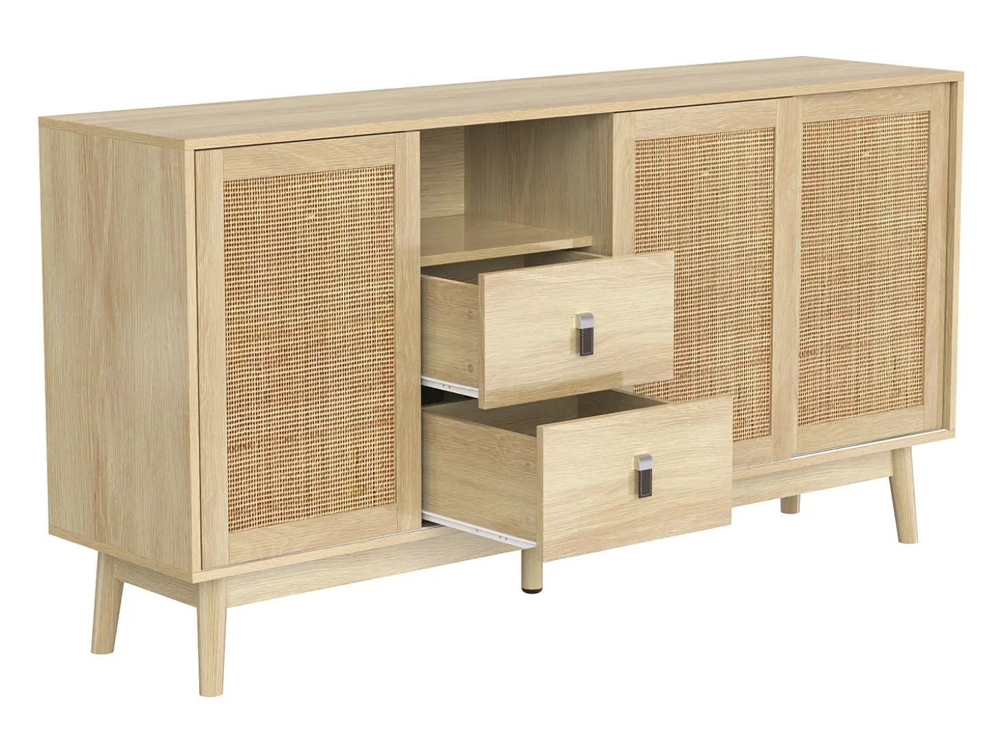 Aparador con 3 puertas correderas de ratán, 2 cajones, MDF, madera (155x38x80 cm)