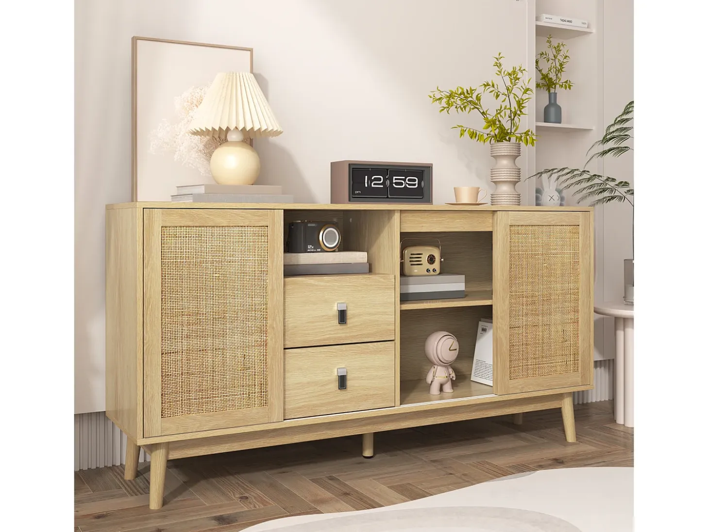 Aparador con 3 puertas correderas de ratán, 2 cajones, MDF, madera (155x38x80 cm)