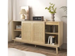 Aparador con 3 puertas correderas de ratán, 2 cajones, MDF, madera (155x38x80 cm)
