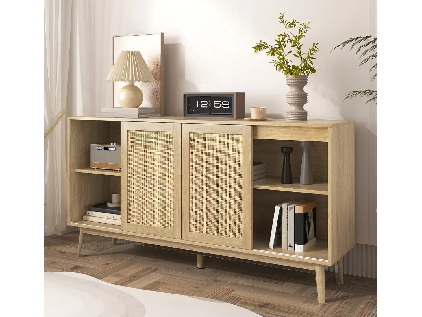 Aparador con 3 puertas correderas de ratán, 2 cajones, MDF, madera (155x38x80 cm)