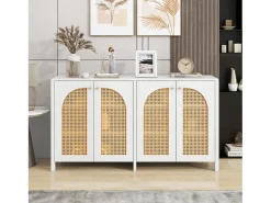 Aparador con 4 puertas de ratán - 145 x 40 x 80 cm - con estantes regulables - Blanco