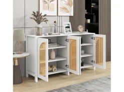 Aparador con 4 puertas de ratán - 145 x 40 x 80 cm - con estantes regulables - Blanco