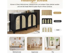 Aparador con 4 puertas de ratán - 145 x 40 x 80 cm - madera MDF y tableros de partículas - color negro + roble