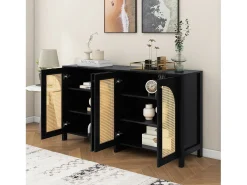 Aparador con 4 puertas de ratán - 145 x 40 x 80 cm - madera MDF y tableros de partículas - color negro + roble