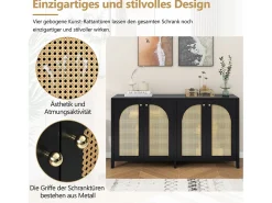 Aparador con 4 puertas de ratán - 145 x 40 x 80 cm - madera MDF y tableros de partículas - color negro + roble