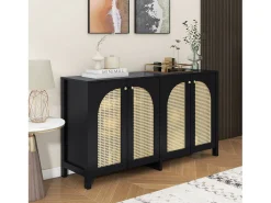 Aparador con 4 puertas de ratán - 145 x 40 x 80 cm - madera MDF y tableros de partículas - color negro + roble