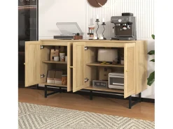 Aparador con 4 puertas de ratán - 140 x 39,5 x 80 cm - Tablero de partículas - Color madera