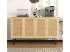 Aparador con 4 puertas de ratán - 140 x 39,5 x 80 cm - Tablero de partículas - Color madera