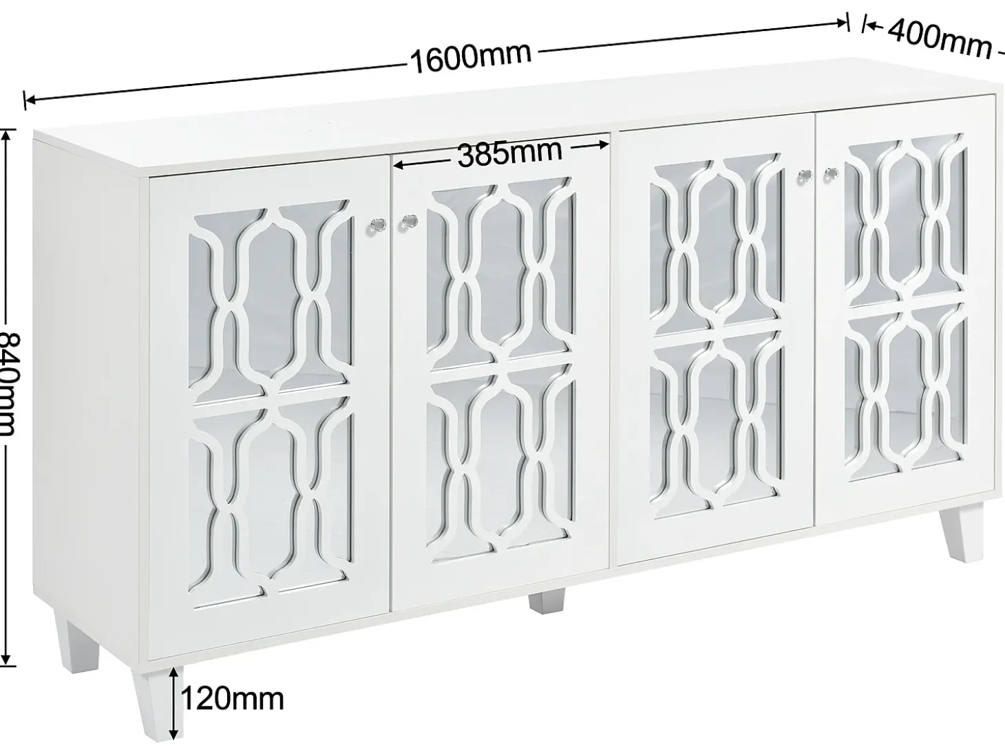 Aparador con 4 puertas de MDF espejadas - estante regulable - color blanco