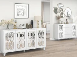 Aparador con 4 puertas de MDF espejadas - estante regulable - color blanco