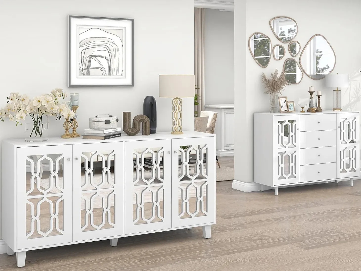 Aparador con 4 puertas de MDF espejadas - estante regulable - color blanco