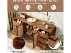 Aparador con 2 puertas de ratán y 6 cajones - 160 x 40 x 90 cm - Para cocina, hogar - Marrón