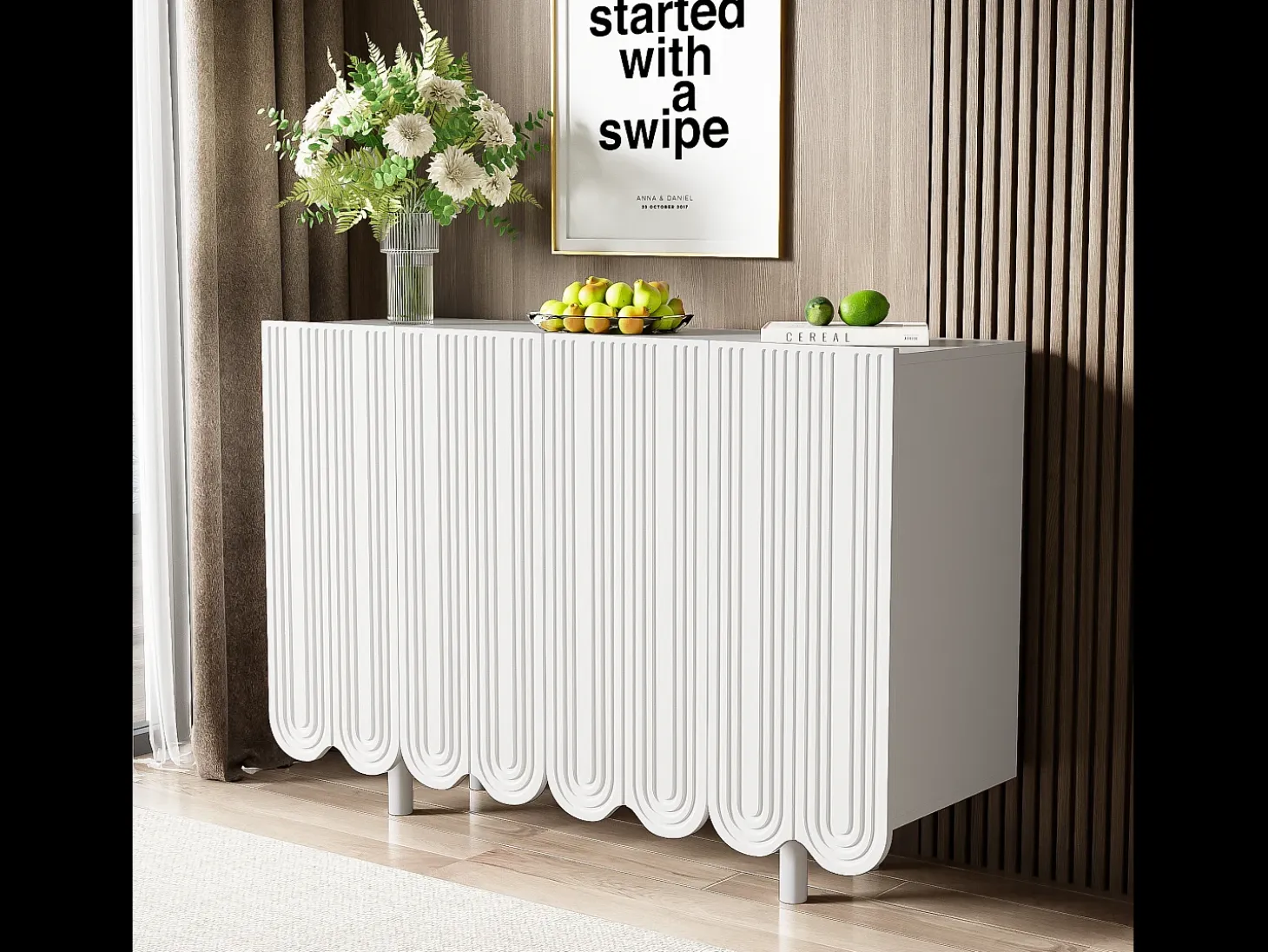Aparador con 4 puertas perfiladas - 120 x 37,5 x 80,8 cm - Tablero de partículas - Forma de lágrima - Blanco
