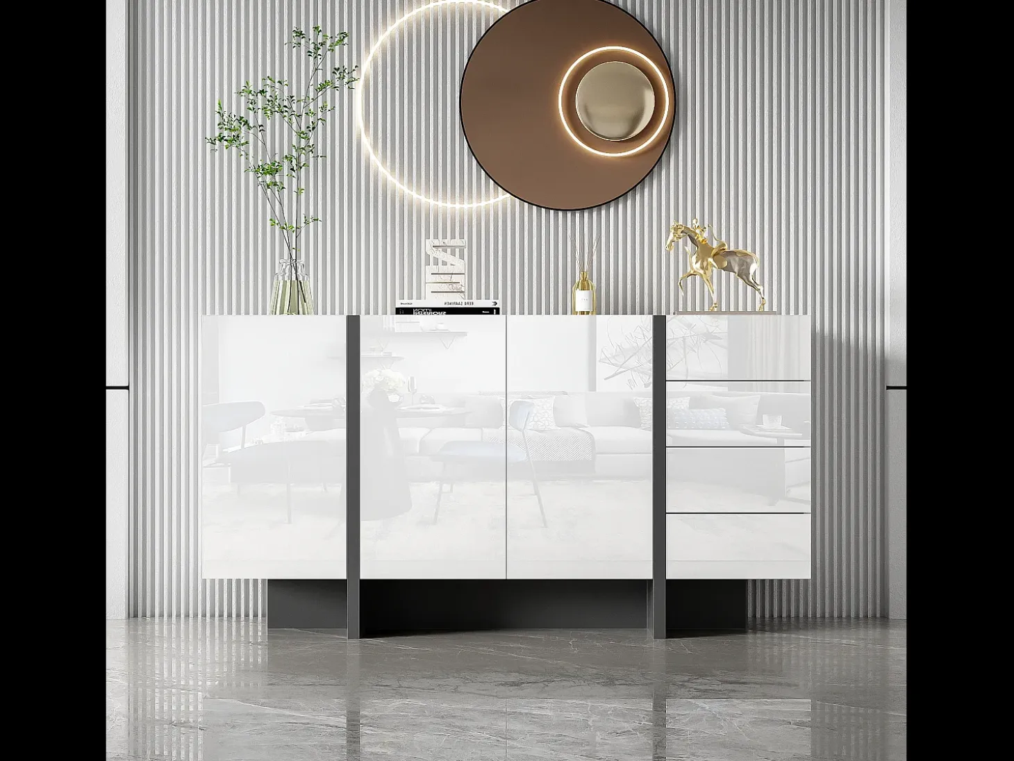 Aparador con 2 puertas y 3 cajones - 150 x 40 x 80,5 cm - MDF y tableros de partículas - Blanco brillo