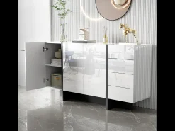 Aparador con 2 puertas y 3 cajones - 150 x 40 x 80,5 cm - MDF y tableros de partículas - Blanco brillo